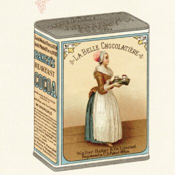 la belle chocolatiere, vintage breakfast cocoa tin, walter baker advertising, chocolate clipart, old book page