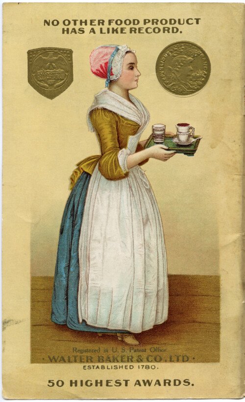 walter baker maid, la belle chocolatiere, lady serving chocolate, vintage cocoa ad, caracas sweet chocolate advertisement 