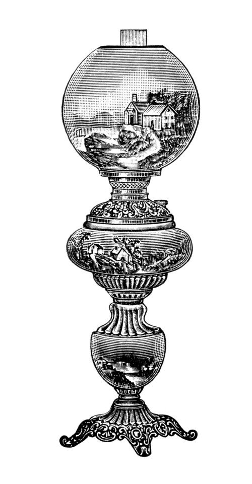 decorated banquet lamp, antique table lamp graphics, vintage lamp clipart, black and white clip art, old fashioned lamp illustration