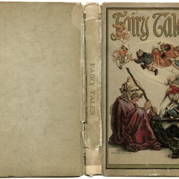 1918 fairy tales, vintage storybook characters, aged paper graphics, fairy tale book cover, old children's book