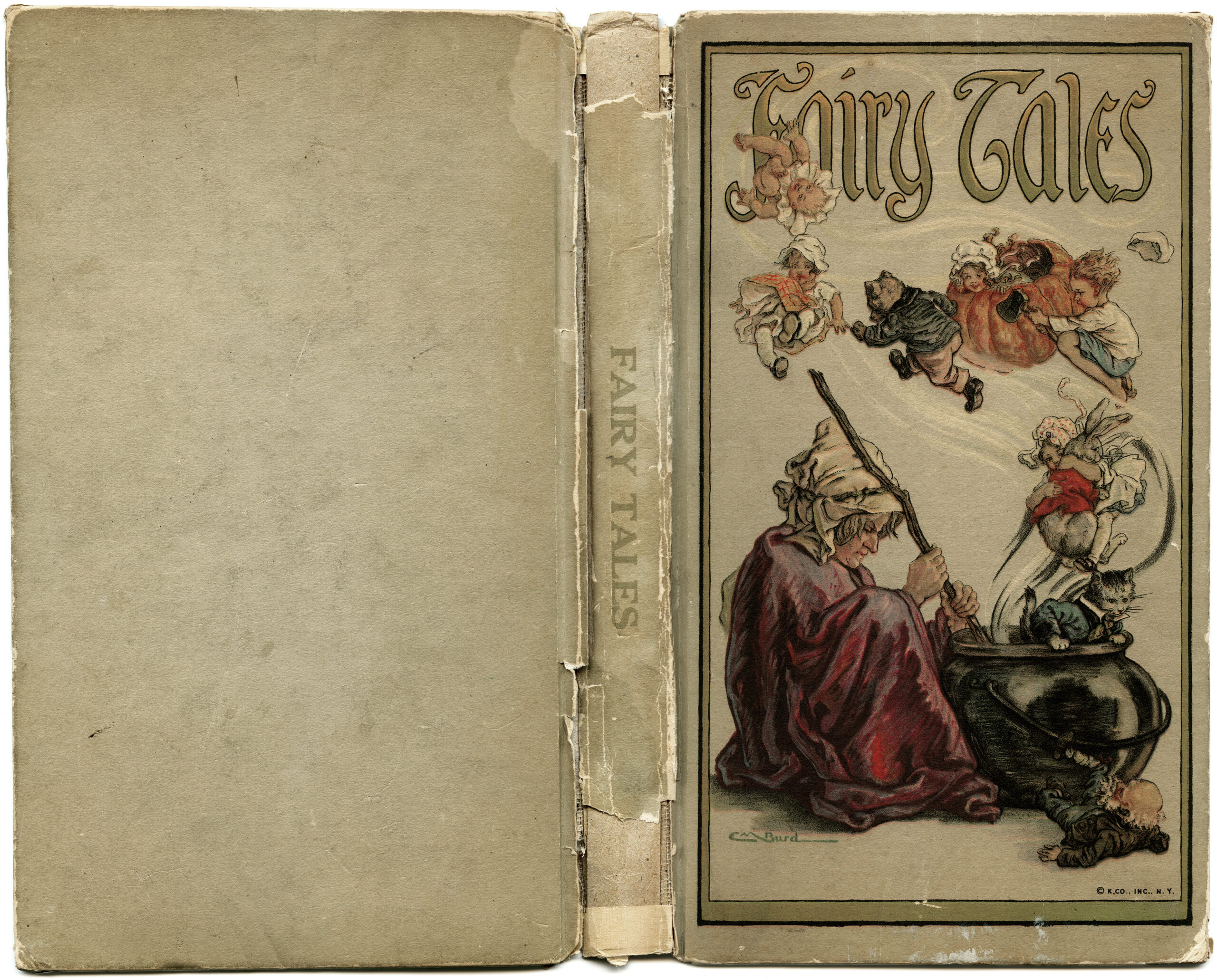1918 fairy tales, vintage storybook characters, aged paper graphics, fairy tale book cover, old children's book