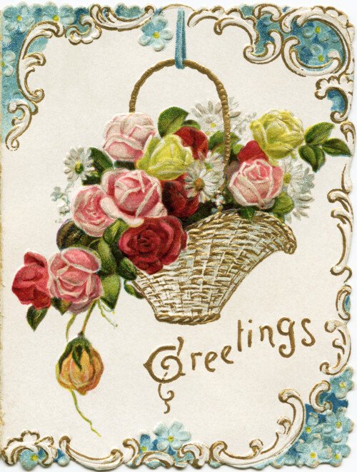 vintage floral card, old fashioned holiday card, antique New Years graphic, basket of roses clipart, Victorian flowers clip art