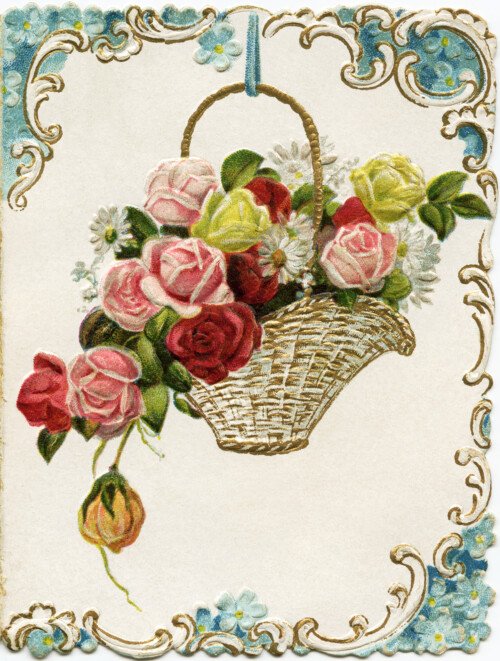 vintage floral card, old fashioned holiday card, antique New Years graphic, basket of roses clipart, Victorian flowers clip art