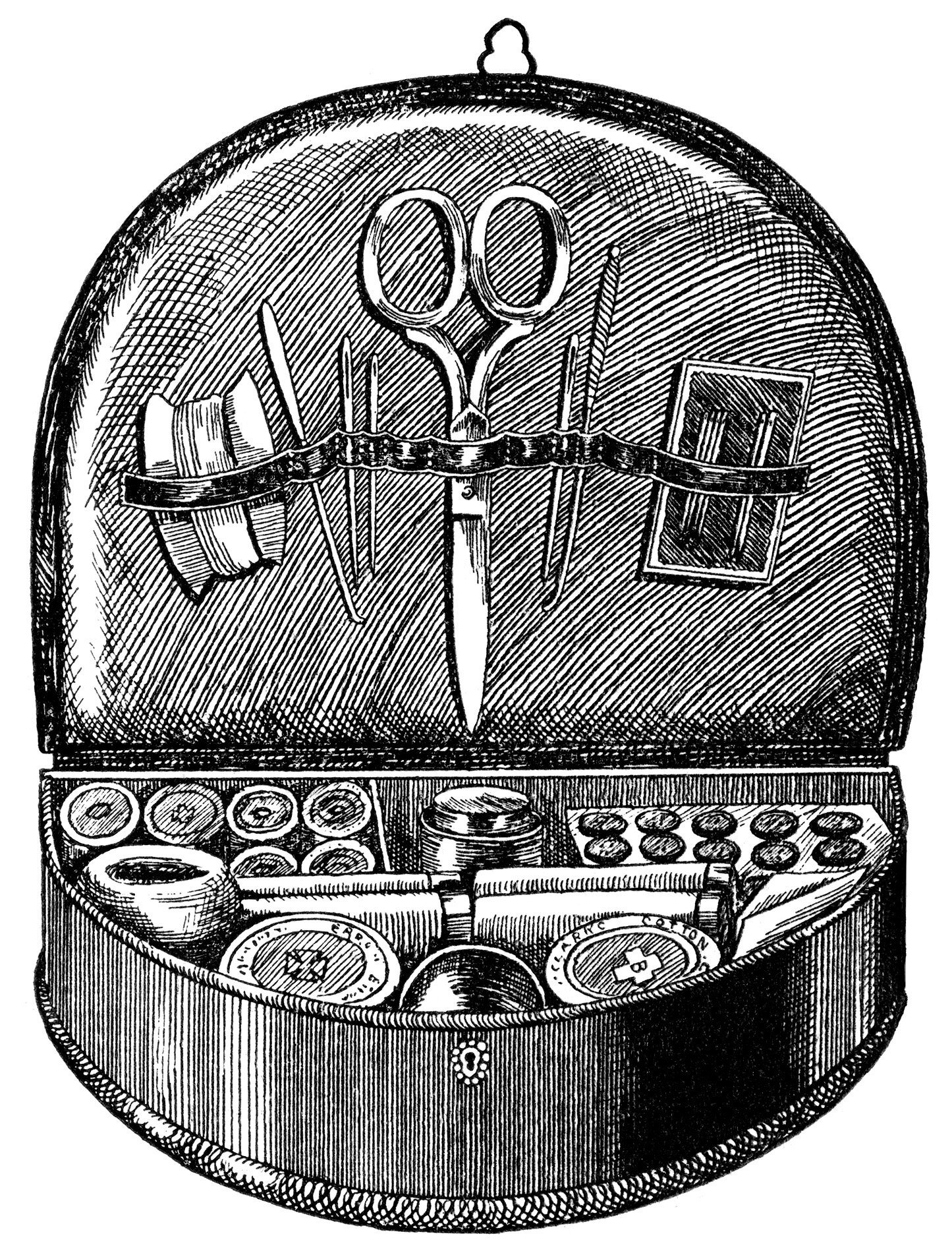 vintage sewing clipart, black and white clip art, hanging sewing box image, sewing notions illustration, printable sewing graphics