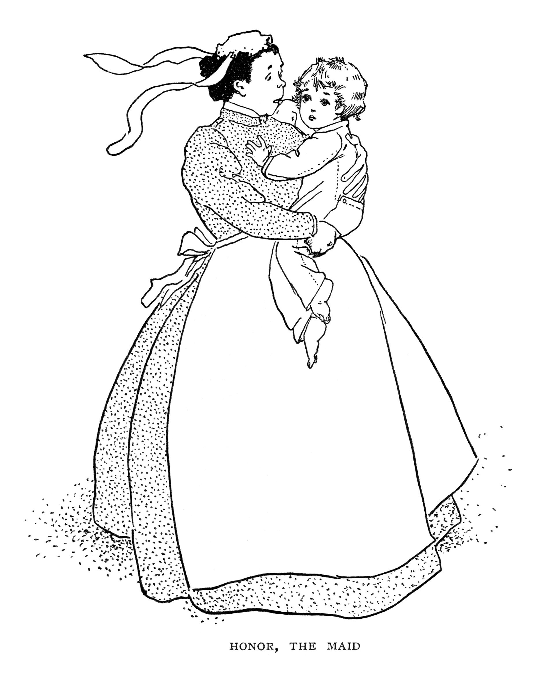 vintage storybook image, honor the maid illustration, black and white clipart, nanny holding child clip art, antique story graphics
