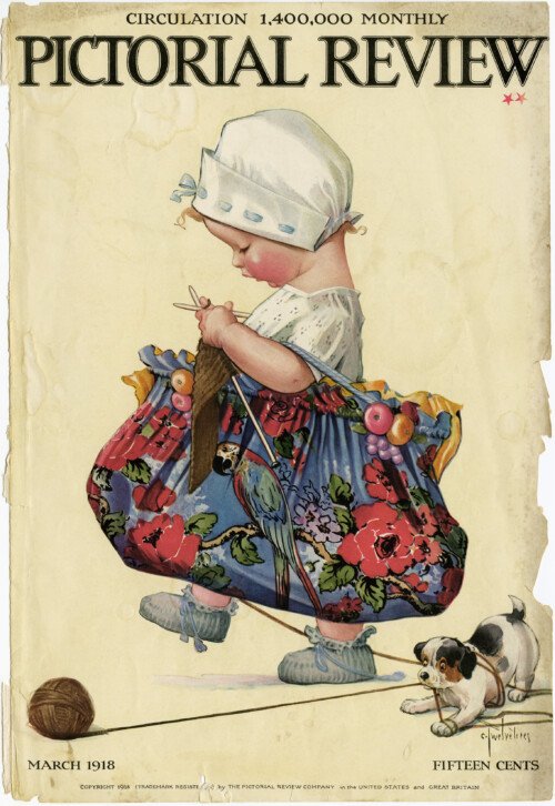 charles twelvetrees, child knitting puppy playing, pictorial review cover, vintage magazine page, twelvetrees digital image