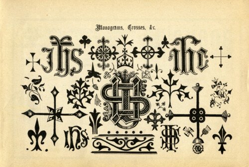 digital crosses monograms, old book page, vintage ornamental design clipart, graphic design symbols, black and white clip art