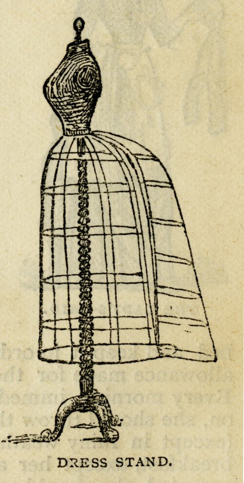 mrs beeton dress stand, victorian dress form image, vintage sewing clip art, black and white clipart, wire dress form illustration