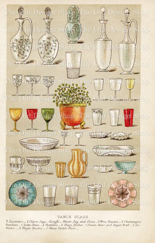 mrs beeton table glass, book of household management 1888, vintage kitchen clipart, antique dishes image, beeton cookbook page