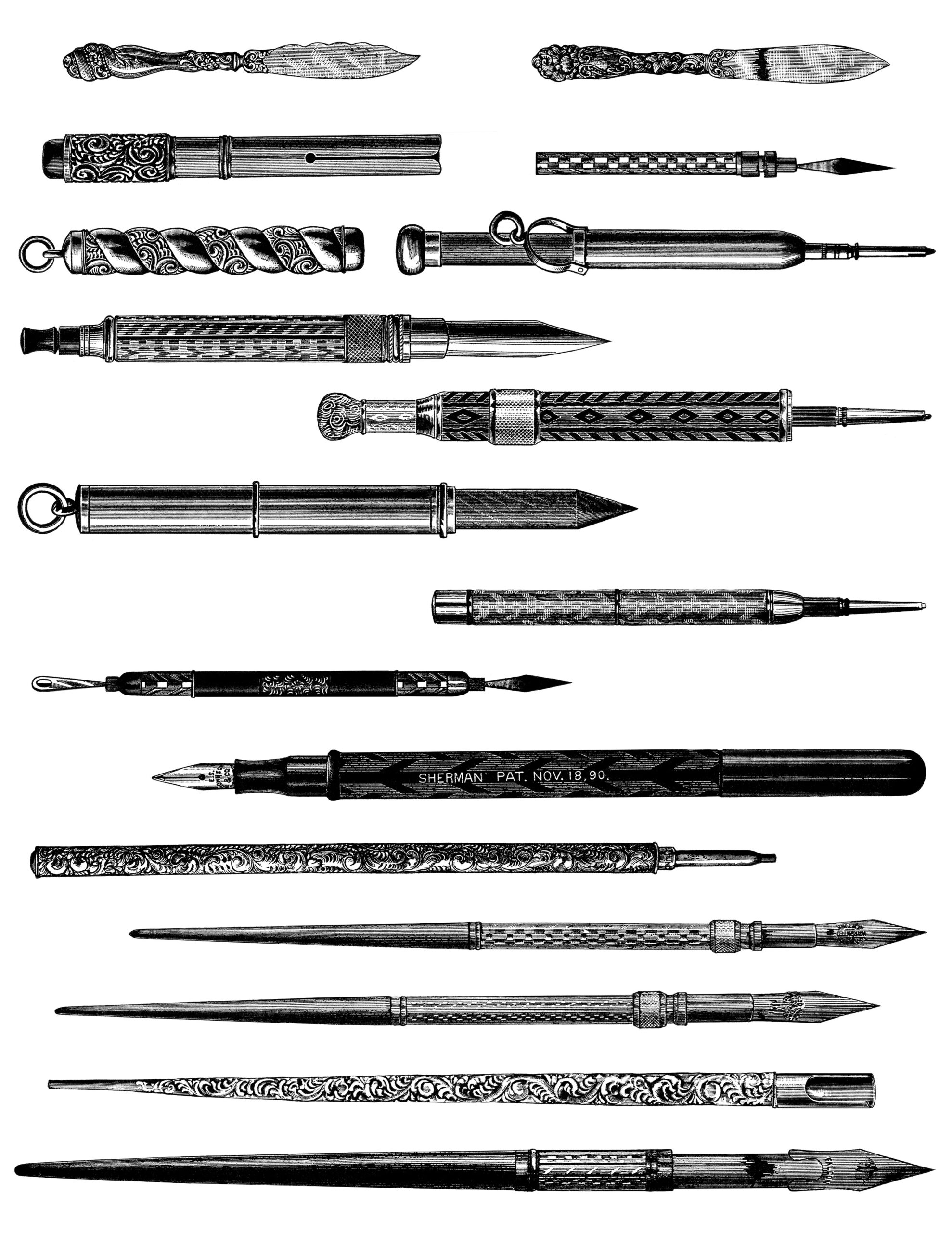 vintage pen pencil clipart, old fashioned writing instrument, black and white clip art, antique office supplies, old catalog page