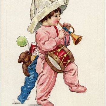 vintage Christmas postcard, Santy's Been, old Christmas toys, child marching with toys, old fashioned Christmas card