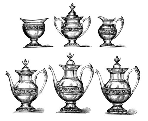 vintage tea set clipart, antique pot bowl image, old fashioned teapot illustration, free black and white clip art, vintage tea coffee graphics