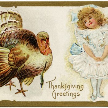 vintage thanksgiving postcard, turkey clipart, Victorian girl in pretty dress clip art, old fashioned holiday graphics, antique Thanksgiving greetings image