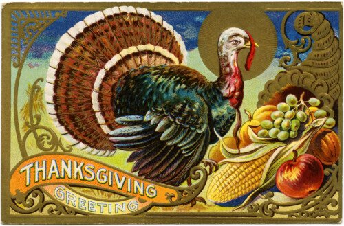 vintage Thanksgiving postcard, turkey clipart, antique holiday card, digital Thanksgiving graphics, old fashioned turkey cornucopia image