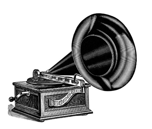 talking machine clip art, vintage gramophone image, black and white clipart, antique record player illustration, free vintage music graphics