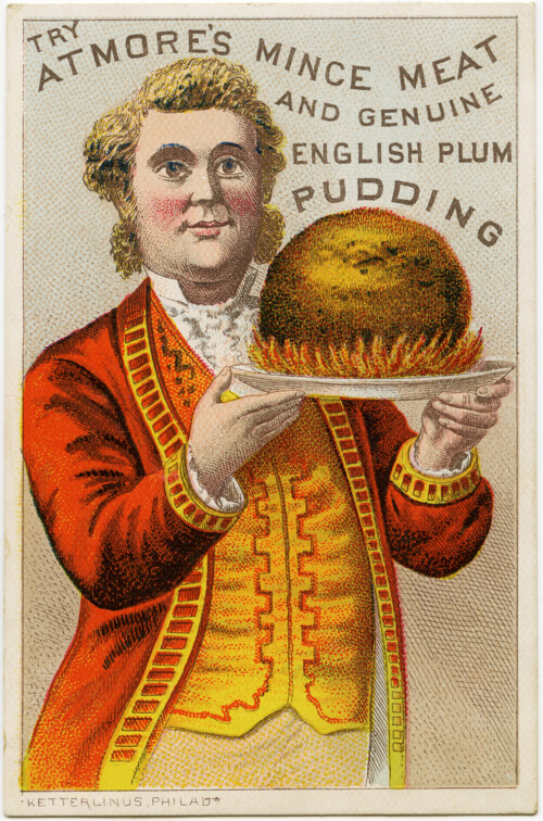 atmore's trade card, victorian advertising card, mince meat plum pudding ad, atmore man in yellow red, old trading card clipart