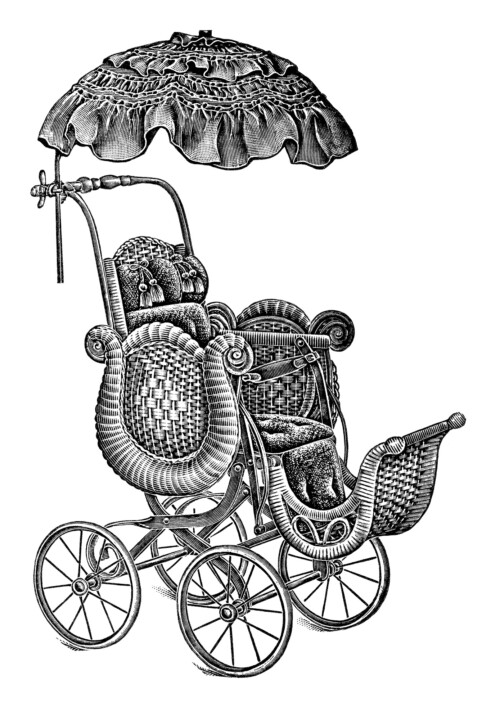 old catalogue page, vintage baby clip art, antique baby stroller image, free black and white clipart, pram stroller carriage graphic, parasol covered go cart