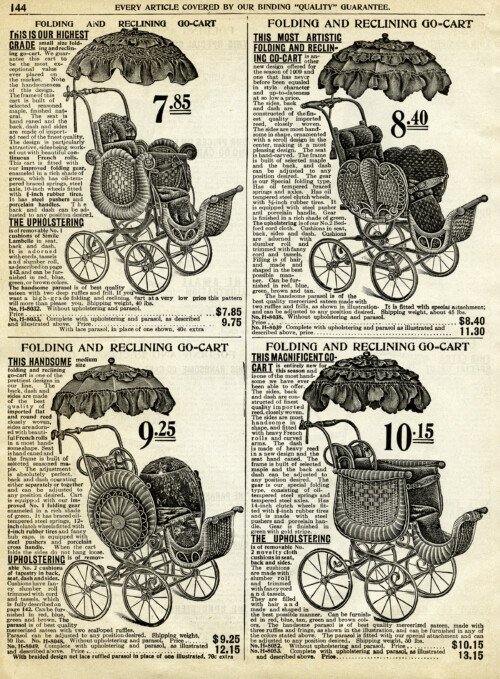 old catalogue page, vintage baby clip art, antique baby stroller image, free black and white clipart, pram stroller carriage graphic, parasol covered go cart