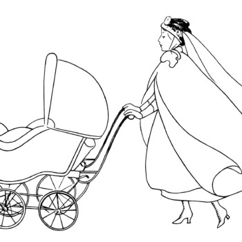 vintage baby clipart, free black and white clip art, woman pushing baby carriage, nanny walking pram image, printable baby graphic