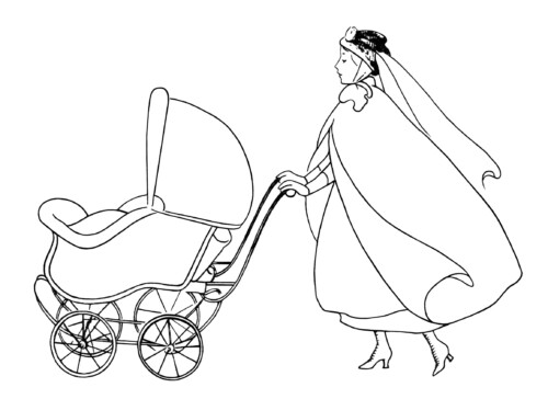 vintage baby clipart, free black and white clip art, woman pushing baby carriage, nanny walking pram image, printable baby graphic