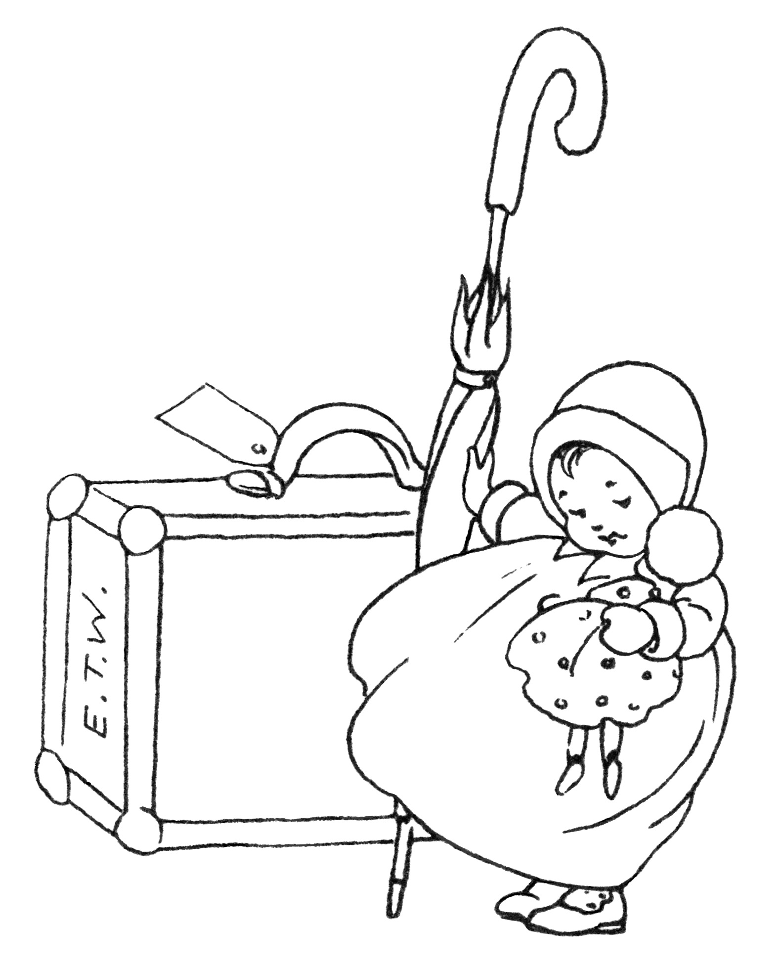 vintage baby clip art, black and white clipart, baby's little journey, baby book illustration, baby with doll and suitcase