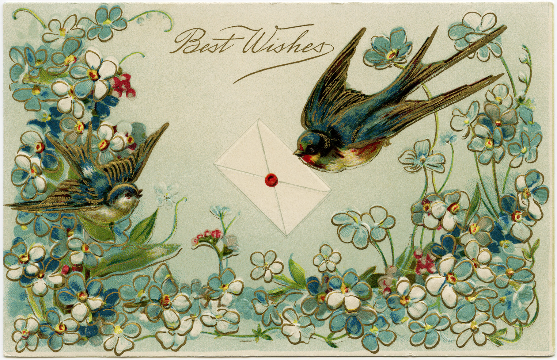 vintage bird postcard, antique floral postcard image, old fashioned best wishes card, free bird flower graphic