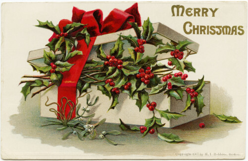 vintage christmas postcard, box of holly and berries, old fashioned christmas graphic, antique merry christmas card
