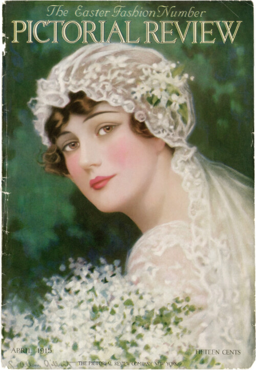 vintage bride image, c allan gilbert art, pictorial review april 1915, old fashioned wedding graphic, antique bridal illustration