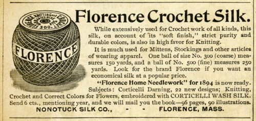 old magazine advertisement digital, vintage sewing clipart, free black and white clip art, florence crochet silk illustration, antique crochet knitting cotton image