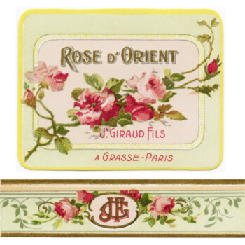 French perfume label, Jn Giraud fils, rose d'orient, vintage french ephemera, victorian roses printable