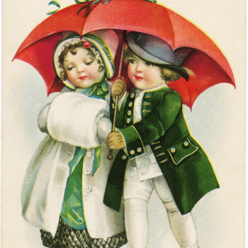 vintage Christmas postcard, victorian boy girl clipart, children walking under umbrella image, old fashioned christmas card, antique digital download postcard