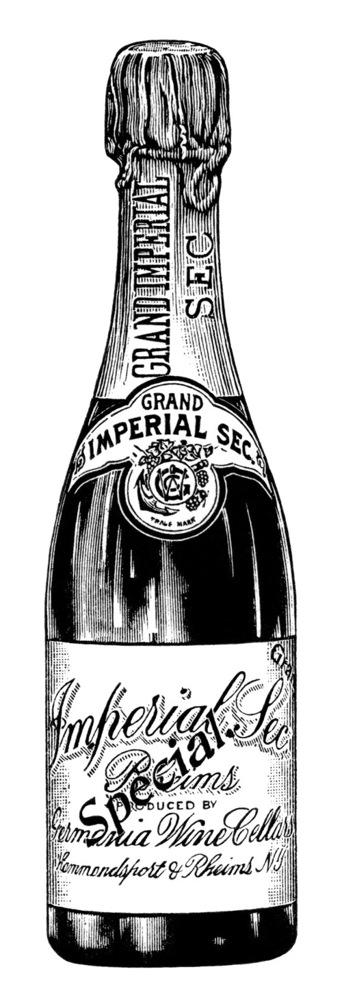 germania wine cellars magazine advertisement, grand imperial sec champagne ad, vintage wine bottle clipart, free black white clip art