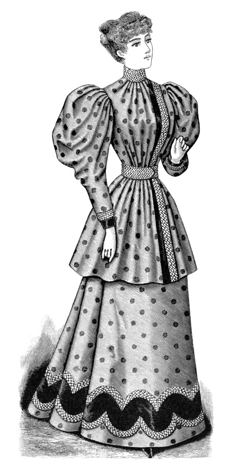 Victorian lady clip art, old fashioned polka dot dress illustration, black and white clipart, vintage fashion image, Edwardian woman graphic