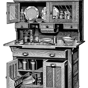 vintage kitchen clipart, old catalogue page, antique kitchen cabinet image, black and white clip art, old fashioned cupboard illustration