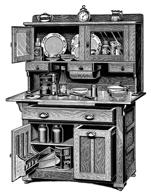 vintage kitchen clipart, old catalogue page, antique kitchen cabinet image, black and white clip art, old fashioned cupboard illustration