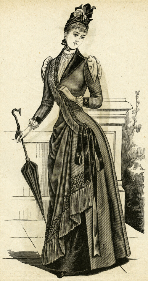 Victorian lady clipart, black and white clip art, Edwardian fashion image, antique dress illustration, ladies costume 1889