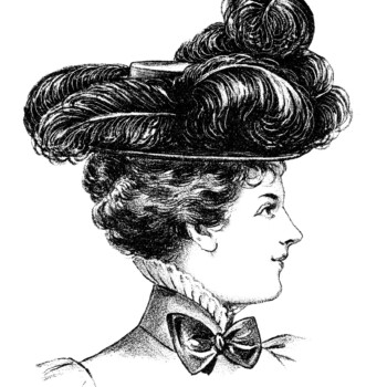 Victorian hat fashion illustration, black and white clipart, vintage ladies hat clip art, ostrich plume Edwardian hat