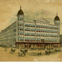 hugh oneill building, H O'Neill & Co, antique catalogue cover page, old architecture illustration, historic O'Neill building image