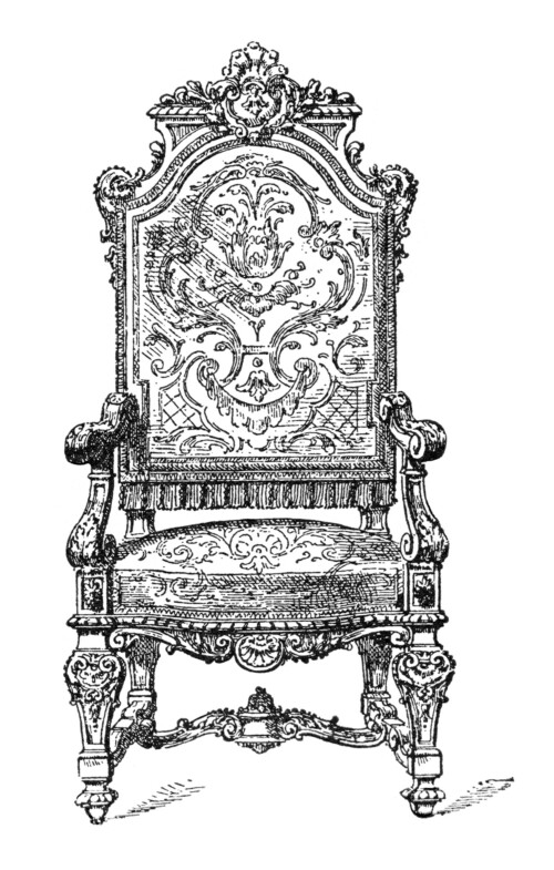 vintage chair clip art, franz meyer image, black and white clipart, antique furniture illustration, ornate chair with arms graphic