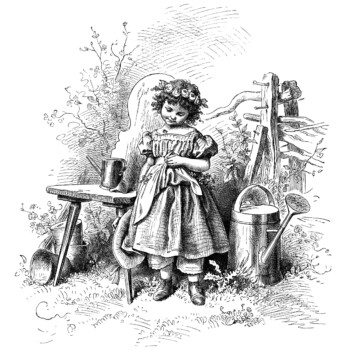 oscar pletsch engraving, shy child clip art, shyness illustration, black and white clipart, victorian girl printable