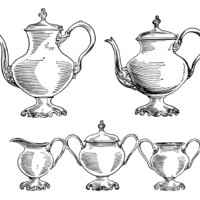 vintage tea set clip art, black and white clipart, old fashioned kitchen printable, coffee pot image, tea pot illustration, free coffee tea graphics