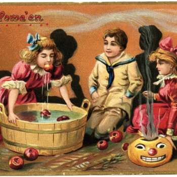 tuck's halloween postcard, apple bobbing image, vintage Hallowe'en graphic, old fashioned halloween printable, Victorian children party