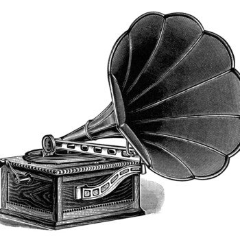 talking machine clip art, vintage gramophone image, black and white clipart, antique record player illustration, free vintage music graphics