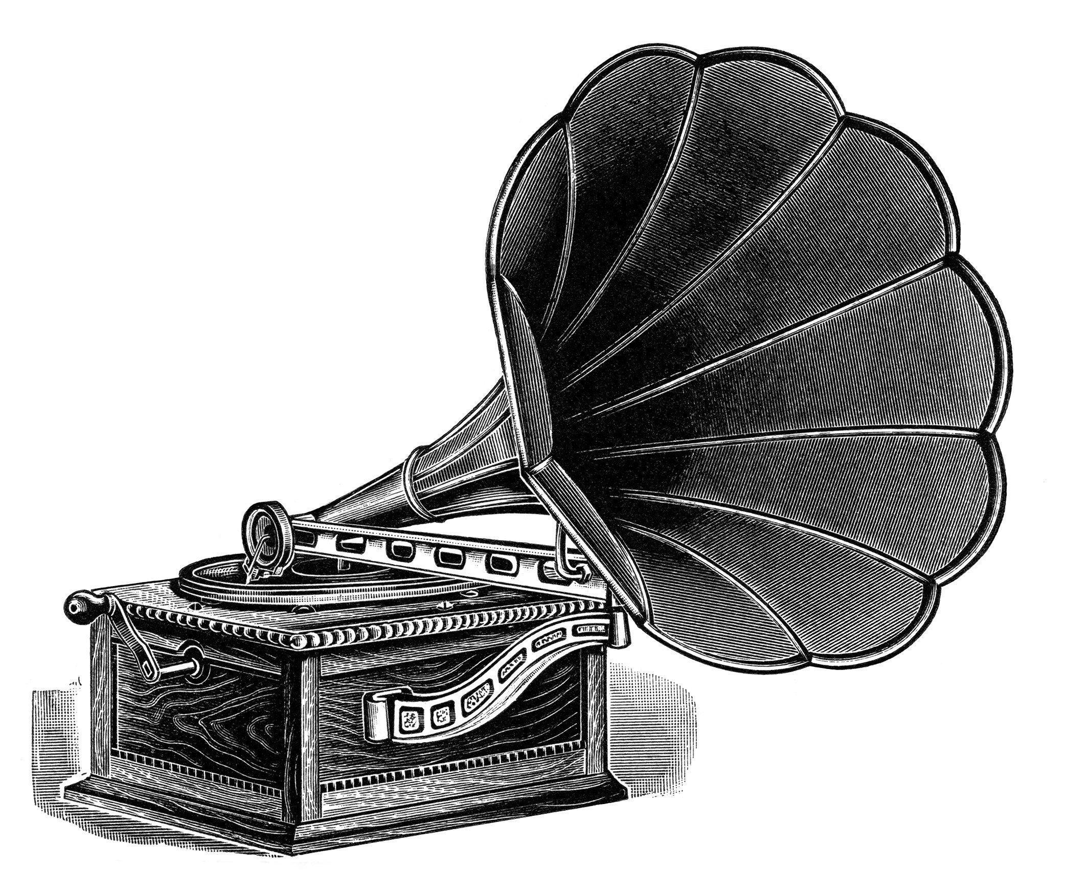 talking machine clip art, vintage gramophone image, black and white clipart, antique record player illustration, free vintage music graphics