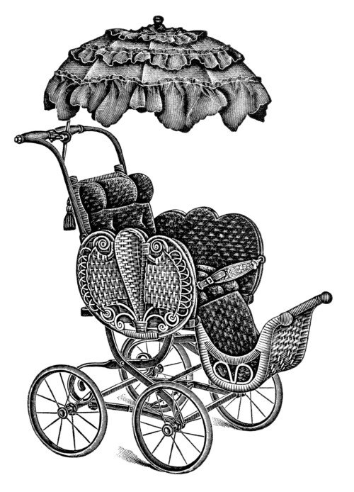 old catalogue page, vintage baby clip art, antique baby stroller image, free black and white clipart, pram stroller carriage graphic, parasol covered go cart