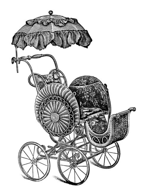 old catalogue page, vintage baby clip art, antique baby stroller image, free black and white clipart, pram stroller carriage graphic, parasol covered go cart