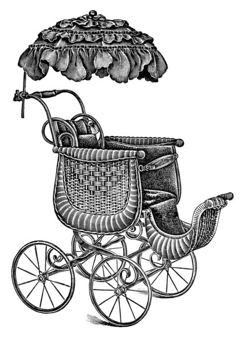 old catalogue page, vintage baby clip art, antique baby stroller image, free black and white clipart, pram stroller carriage graphic, parasol covered go cart