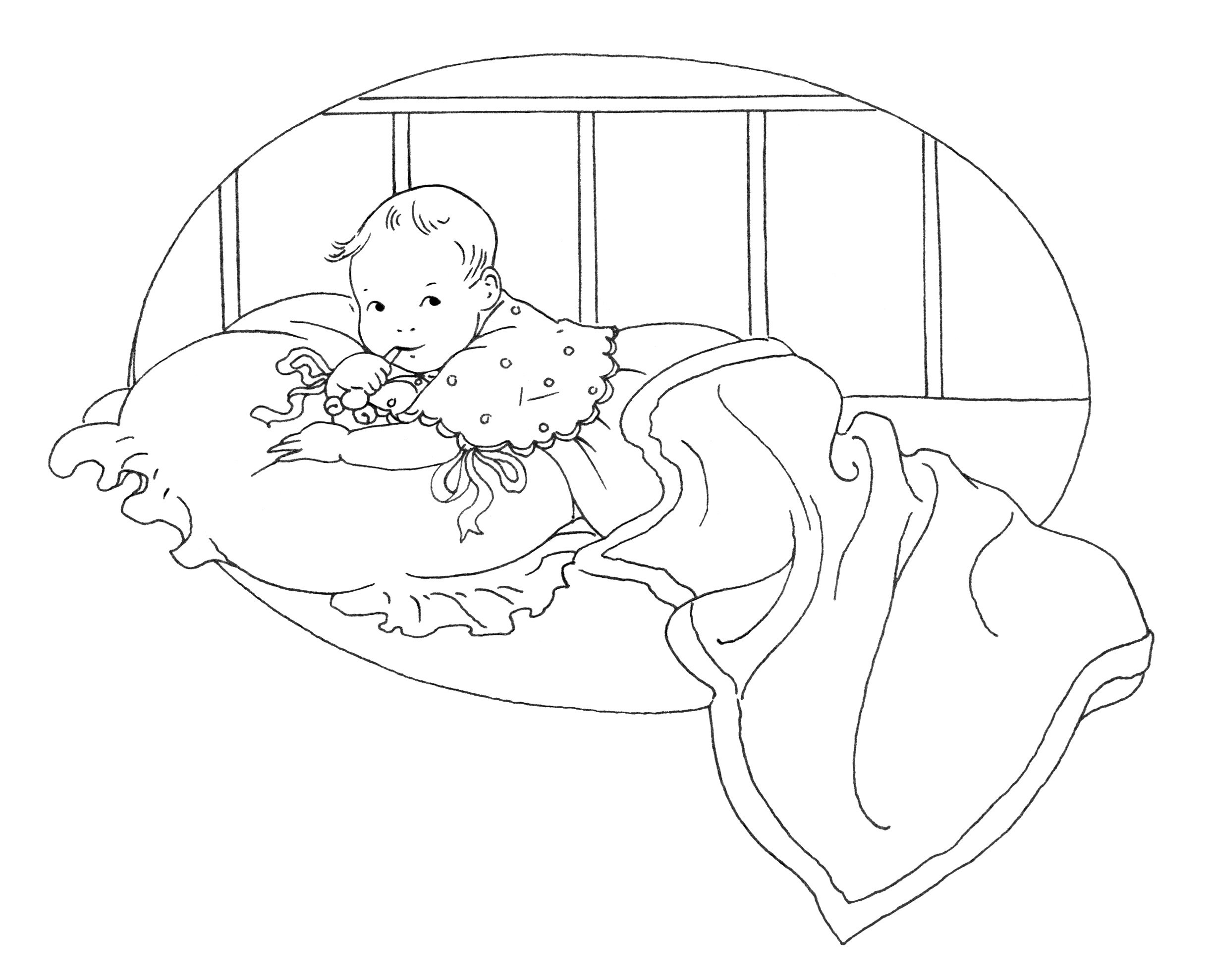 vintage baby clipart, black and white clip art, free baby graphic, baby book illustration, baby's first tooth image, baby in crib sketch