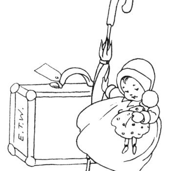 vintage baby clip art, black and white clipart, baby's little journey, baby book illustration, baby with doll and suitcase