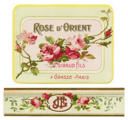 French perfume label, Jn Giraud fils, rose d'orient, vintage french ephemera, victorian roses printable
